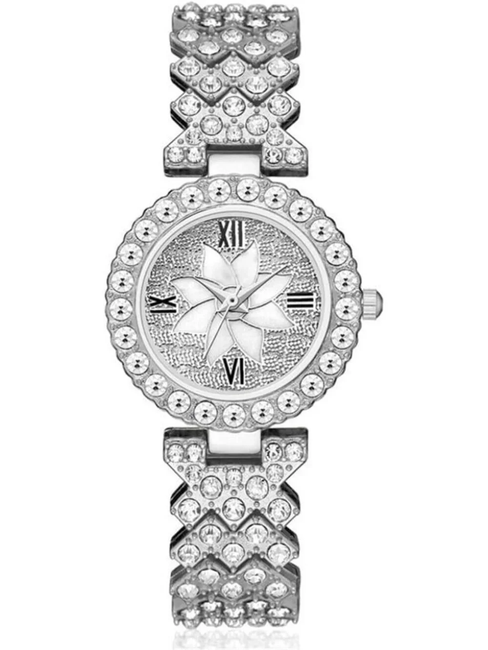 Womens Silver Analog Set Quartz Steel Band Diamonds Bracelets Luxury Wrist Watch